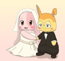  anthro blue_eyes blush bride brown_eyes daww domestic_rabbit duo eyelashes eyewear female fur glasses gown groom hand_holding happy_happy_clover improbable_(artist) japanese lagomorph leporid lop_rabbit male mallow_(happy_happy_clover) mammal married orange_body orange_fur oryctolagus pink_body pink_fur rabbit romantic romantic_couple sayuri_tatsuyama shallot_(happy_happy_clover) short_fur source_request wedding yellow_body yellow_fur 