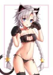  :o animal_ear_legwear animal_ears animal_hands bare_shoulders black_gloves black_ribbon black_thighhighs blue_eyes blush bra braid breasts cat_cutout cat_ear_legwear cat_ear_panties cat_ears cat_lingerie cat_tail chestnut_mouth cleavage cleavage_cutout clothing_cutout collarbone commentary_request contrapposto cowboy_shot ehart female flower-shaped_pupils frilled_bra frills girls&#039;_frontline gloves groin hair_ornament long_hair looking_at_viewer medium_breasts meme_attire navel open_mouth ots-12_(girls&#039;_frontline) panties paw_gloves ribbon side-tie_panties solo standing star_(symbol) star_hair_ornament stomach strapless strapless_bra symbol-shaped_pupils tail thighhighs twin_braids two-tone_background underwear underwear_only very_long_hair 