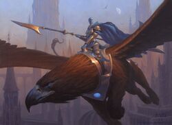  ambiguous_gender armor avian beak cape chris_rahn city cityscape clothing duo feathered_wings feathers feral flying gryphon hasbro holding_object holding_weapon humanoid knight magic:_the_gathering male melee_weapon moon mythological_avian mythological_creature mythology official_art outside polearm quadruped riding signature spear spread_wings straddling tail vedalken warrior weapon wings wizards_of_the_coast 