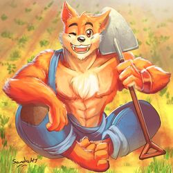  1:1 2017 3_toes 4_fingers abs anthro armpit_hair barefoot biceps biped black_nose body_hair brown_eyes canid canine canis chest_tuft clothed clothing day feet fingers front_view fur grass hi_res holding_object holding_tool looking_at_viewer male mammal muscular muscular_anthro muscular_arms muscular_male one_eye_closed open_mouth open_smile orange_body orange_fur outside overalls plant sandramj_(artist) shovel sitting smile solo toes tools tuft wink wolf wuffle wuffle_(webcomic) 