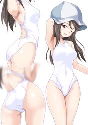  armpits ass blue_headwear blurry breasts brown_eyes brown_hair commentary_request competition_swimsuit covered_navel cowboy_shot female gin&#039;you_haru girls_und_panzer hat highres long_hair looking_at_viewer medium_breasts mika_(girls_und_panzer) multiple_views one-piece_swimsuit one_eye_closed simple_background smile standing swimsuit tulip_hat white_background white_one-piece_swimsuit 