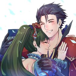  1boy blue_dress blue_hair blush box collar collarbone commentary_request couple dress female fire_emblem fire_emblem:_the_blazing_blade fire_emblem_heroes frills gift gift_box gloves green_hair grin happy hector_(fire_emblem) hector_(valentine)_(fire_emblem) highres holding holding_gift hug long_hair lyn_(fire_emblem) lyn_(valentine)_(fire_emblem) open_mouth pectorals ponytail rokusashu short_hair smile straight 