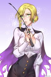  blonde_hair breasts cape check_commentary cleavage cleavage_cutout clothing_cutout commentary_request female glynda_goodwitch green_eyes highres kio_rojine large_breasts riding_crop rwby solo 