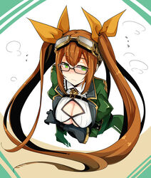  bespectacled biting_own_lip black-framed_eyewear blush breasts brown_hair cleavage cleavage_cutout clothing_cutout commentary_request embarrassed female flying_sweatdrops frederica_(sennen_sensou_aigis) glasses goggles goggles_on_head green_eyes hair_ribbon highres large_breasts long_hair looking_away ogami_kazuki ribbon sennen_sensou_aigis solo twintails upper_body very_long_hair white_background 