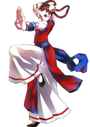  absurdres baggy_pants bare_shoulders bell braid braided_hair_rings brown_eyes brown_hair chinese_clothes commentary fatal_fury female full_body hair_bell hair_ornament hair_rings highres li_xiangfei makai pants photoshop_(medium) sash short_hair slippers smile solo the_king_of_fighters twin_braids white_background 