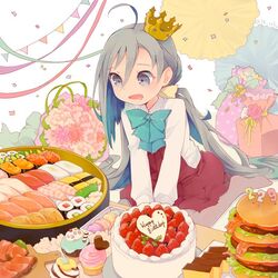  ahoge birthday birthday_cake blue_bow blue_bowtie blue_hair bouquet bow bowtie burger cake castella_(food) colis commentary_request confetti crown cupcake cutting_board dress drooling female fish_(food) flower food food_focus fruit gift grey_eyes grey_hair grey_pantyhose gunkanmaki hair_between_eyes happy_birthday heart kantai_collection kiyoshimo_(kancolle) long_hair long_sleeves looking_down low_twintails macaron makizushi mini_crown multicolored_hair nigirizushi no_shoes open_mouth pantyhose pink_flower shirt simple_background sitting sleeveless sleeveless_dress solo strawberry streamers string_of_flags sushi too_much_food twintails twitter_username v_arms very_long_hair wariza white_background white_shirt wooden_tray 