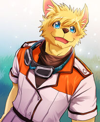  anthro blue_eyes brown_nose brush canid canine canis clothed clothing domestic_dog eyewear eyewear_around_neck fur goggles grass hair inner_ear_fluff male mammal mayobug open_mouth open_smile orange_body orange_fur pilot plant short_hair smile solo tuft 