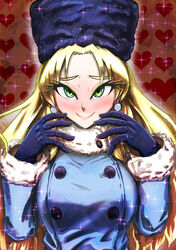  blonde_hair blush breasts buttons christmas coat commentary_request earrings eyelashes female fur_collar fur_hat fur_trim gloves green_eyes hand_gesture hat heart heart_background highres jewelry kalinka_cossack_(mega_man) large_breasts long_eyelashes long_hair looking_at_viewer mega_man_(classic) mega_man_(series) patterned patterned_background rockman_xover saikoraru smile solo sparkle sparkle_background ushanka valentine 