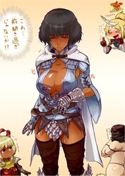  &gt;_&lt; 4girls arisen_(dragon&#039;s_dogma) armor black_hair blonde_hair blue_eyes blush breasts brown_hair cape character_request cleavage commentary_request dark-skinned_female dark_skin double_thumbs_up dragon&#039;s_dogma dragon&#039;s_dogma_(series) gauntlets gradient_background grey_eyes highres horns large_breasts mercedes_marten multiple_girls pawn_(dragon&#039;s_dogma) ponytail saliva scale_armor short_hair single_horn thighhighs thong thumbs_up translated yakibuta_(shimapow) 