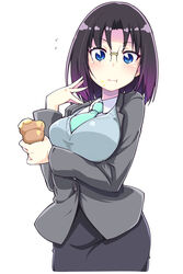  :t black_hair blazer blue_sweater blush breasts collared_shirt commentary_request elma_(maidragon) female food food_on_face formal framed_breasts glasses gradient_hair green_necktie highres holding holding_food jacket kobayashi-san_chi_no_maidragon large_breasts looking_at_viewer multicolored_hair necktie office_lady parted_bangs pencil_skirt rimless_eyewear shirt short_hair simple_background skirt skirt_suit slit_pupils solo suit sweater sweater_vest white_background wing_collar yamabuki_zarame 