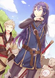  1boy blonde_hair blue_eyes blue_hair cape commentary_request day dinikee falchion_(fire_emblem) female fire_emblem fire_emblem_awakening long_hair lucina_(fire_emblem) owain_(fire_emblem) short_hair sky smile sword tiara weapon 