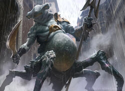  arm_wraps armor arthropod bracers chimera city cityscape crustacean hasbro holding_melee_weapon holding_object holding_sword holding_weapon low-angle_view magic:_the_gathering male marine melee_weapon official_art outside overweight overweight_male overweight_taur polearm raining snarling solo sword taur trident weapon wesley_burt wizards_of_the_coast wraps 