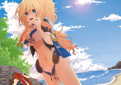  1boy bad_id bad_pixiv_id bikini blonde_hair blue_eyes breasts female gloves hat hjm jacket kyoukaisenjou_no_horizon large_breasts long_hair mary_stuart midriff navel outdoors scar scarf swimsuit tenzou_crossunite 