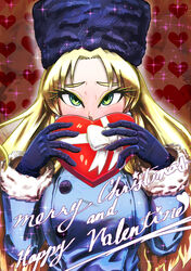  2018 blonde_hair blush box breasts buttons christmas coat commentary_request eyelashes female fur_hat fur_trim gift gloves green_eyes hat heart heart-shaped_box heart_background highres holding holding_gift incoming_gift kalinka_cossack_(mega_man) long_eyelashes long_hair looking_at_viewer medium_breasts mega_man_(classic) mega_man_(series) merry_christmas patterned patterned_background ribbon rockman_xover saikoraru solo sparkle sparkle_background ushanka valentine 