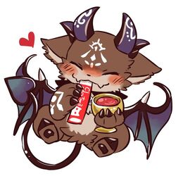  1:1 blush chibi closed_eyes container cup debidebi_debiru demon digital_media_(artwork) doggiemonkey ears_down eating fangs front_view full-length_portrait fur goblet grey_body grey_fur heart_symbol horn low_res mammal membrane_(anatomy) membranous_wings nijisanji pivoted_ears portrait solo spade_tail tail teeth vtuber wings 