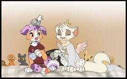  canid canine canis closed_eyes clothed clothing domestic_cat domestic_dog duo felid feline felis female feral fur heterochromia jenna_(jenafterdark) kitchiki kitchiki_(character) mammal pajamas paws pink_nose simple_background sitting smile white_body white_fur 