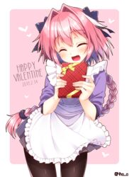  1boy ^_^ aichi_shiho apron astolfo_(fate) astolfo_(memories_at_trifas)_(fate) black_ribbon black_scrunchie blush braid brown_pantyhose closed_eyes commentary_request cowboy_shot dated facing_viewer fate/apocrypha fate_(series) floating_hair frilled_apron frills gift hair_between_eyes hair_intakes hair_ornament hair_ribbon hair_scrunchie hands_up happy_valentine heart holding holding_gift long_hair long_sleeves male_focus miniskirt multicolored_hair oerba_yun_fang official_alternate_costume open_mouth otoko_no_ko pantyhose pink_background pink_hair pleated_skirt purple_shirt purple_skirt ribbon scrunchie shirt single_braid skirt sleeves_pushed_up smile solo standing streaked_hair twitter_username valentine very_long_hair white_apron white_background yellow_ribbon 