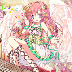  blush chair commentary_request cross-laced_footwear dress feathers female flower hair_flower hair_ornament instrument israfil_(kidatsu!_dungeons_lord) keyboard_(instrument) kidatsu!_dungeons_lord long_hair musical_note photoshop_(medium) pink_hair purple_eyes shiwasu_horio solo wings 