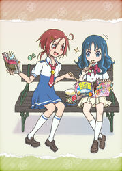  2girls bad_id bad_pixiv_id bench blue_eyes blue_hair c-chrone food hair_ornament hairclip heartcatch_precure! hino_akane_(smile_precure!) ice_cream kurumi_erika multiple_girls musical_note myoudou_gakuen_middle_school_uniform nanairogaoka_middle_school_uniform necktie ponytail precure red_eyes red_hair school_uniform sitting smile_precure sparkle wooden_spoon 