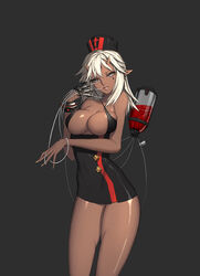  bad_id bad_pixiv_id bare_arms bare_shoulders black_dress blood bracelet breasts claw_(weapon) cleavage collarbone commentary covered_navel cowboy_shot cross dark-skinned_female dark_skin demon_girl dress female grey_eyes hat highres horns jewelry large_breasts legendwarrior long_hair looking_at_viewer nurse nurse_cap original photoshop_(medium) pointy_ears red_cross shiny_skin short_dress solo symbol-only_commentary tube weapon white_hair 