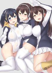  3girls :d ;d akagi_(kancolle) arm_above_head ass blue_eyes blue_hair blush boots breast_press breasts brown_eyes brown_hair commentary cosplay covered_navel covered_nipples elbow_gloves emperor_penguin_(kemono_friends) emperor_penguin_(kemono_friends)_(cosplay) gentoo_penguin_(kemono_friends) gentoo_penguin_(kemono_friends)_(cosplay) girl_sandwich gloves grey_background hair_between_eyes headphones hood hoodie kaga_(kancolle) kantai_collection kemono_friends knee_boots kneehighs large_breasts leotard long_hair looking_at_viewer multiple_girls one_eye_closed open_mouth parted_lips pleated_skirt reaching reaching_towards_viewer royal_penguin_(kemono_friends) royal_penguin_(kemono_friends)_(cosplay) sama_samasa sandwiched side_ponytail simple_background skirt smile socks souryuu_(kancolle) thighhighs thighs twintails white_skirt white_thighhighs yellow_footwear 