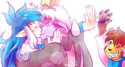  2018 angel anthro blue_hair blush brown_hair buwaro_elexion claws closed_eyes clothed clothing demon digital_media_(artwork) duo ear_piercing female fur gesture grin hair happy heart_symbol high_five horn hug humor jakkai kieri_suizahn kissing male mammal one_eye_closed piercing purple_body purple_fur rhea_snaketail simple_background slightly_damned smile tan_body tan_fur the-chu white_background white_hair wingman_low_five wings wink yellow_body yellow_fur 