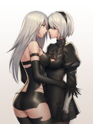  2b_(nier:automata) 2girls a2_(nier:automata) android arm_at_side armlet ass bare_shoulders black_blindfold black_dress black_gloves black_hairband black_ribbon black_shorts black_thighhighs blindfold blue_eyes breasts brown_legwear cleavage cleavage_cutout closed_mouth clothing_cutout commentary covered_eyes cowboy_shot dress elbow_gloves english_commentary eye_contact face-to-face feather-trimmed_sleeves from_side gloves grey_ribbon hair_over_eyes hairband hand_on_another&#039;s_back hand_up highres joints juliet_sleeves legs_together lips long_hair long_sleeves looking_at_another medium_breasts mole mole_under_mouth multiple_girls mylovelydevil nier:automata nier_(series) pantyhose pink_lips profile puffy_sleeves ribbon robot_joints short_dress short_hair short_shorts shorts sleeveless standing tank_top thighhighs turtleneck white_background white_hair yuri 