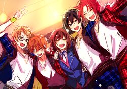  4boys ahoge akehoshi_subaru am_(deritsi411) anzu_(ensemble_stars!) bad_id bad_pixiv_id black_hair blonde_hair blue-framed_eyewear brown_hair closed_eyes ensemble_stars! female glasses group_hug hidaka_hokuto hug isara_mao jacket long_hair multiple_boys necktie orange_hair pants pink_hair plaid plaid_jacket plaid_pants plaid_skirt school_uniform skirt smile trickstar_(ensemble_stars!) yumenosaki_school_uniform yuuki_makoto_(ensemble_stars!) 