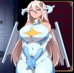  2d blonde_hair breasts clothing dieselmine female hips huge_breasts large_breasts looking_down mage_kanade&#039;s_futanari_dungeon_quest pixel_art screencap skin_tight thick_thighs thighs tight_clothing tummy voluptuous voluptuous_female wide_hips wings 