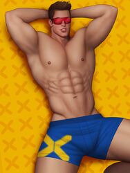  1boy abs armpits arms_behind_head biceps bulge bulging_biceps cyclops_(x-men) drawnpr0n laying_on_back male male_only marvel marvel_comics muscles muscular muscular_male pecs scott_summers shirtless_male short_shorts smooth_chest smooth_skin solo sunglasses x-men yaoi 