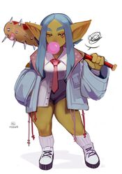  1girls absurd_res baseball_bat blowing_bubblegum blue_eyebrows blue_hair brown_eyes bubblegum female female_only goblin goblin_female green-skinned_female green_skin heart_tattoo humanoid_pointy_ears long_hair looking_at_viewer maewix1 narrowed_eyes pointy_ears punk_girl rissma_(maewix1) shortstack solo spiked_bat tattoo tattoo_under_eye thick_eyebrows unamused weapon_on_shoulder white_background 