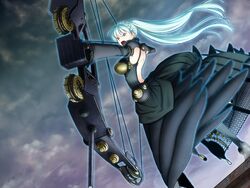  angry blue_hair emilie_du_chatelet female game_cg heterochromia liarsoft long_hair ourai_no_gahkthun steampunk_(liarsoft) weapon 