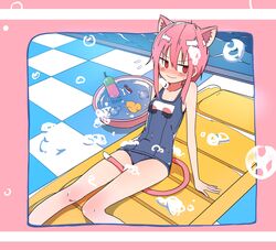  animal_ears arm_support between_legs blush bural_chingu cat_ears cat_tail commentary_request female highres inflatable_raft inset korean_commentary lee_ji-eun looking_to_the_side luke_(dydansgur) nose_blush one-piece_swimsuit outside_border pink_background pink_hair red_eyes rubber_duck school_swimsuit shampoo short_hair short_hair_with_long_locks sidelocks sitting soap_bubbles solo swimsuit tail tail_between_legs washtub wavy_mouth 