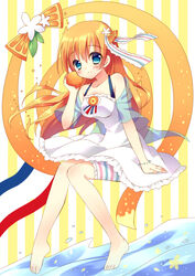  bad_id bad_pixiv_id barefoot bloomers blue_eyes blush breasts brooch dress female flower food france french_flag fruit hair_ornament highres jewelry long_hair looking_at_viewer medium_breasts necklace orange_(fruit) orange_blossoms orange_hair orangina personification sitting smile solo striped striped_background sumisaki_yuzuna underwear vertical_stripes water 