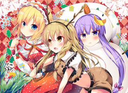  3girls alice_margatroid antlers argyle_background black_hairband blonde_hair blue_eyes blush bow braid breasts brown_eyes brown_shirt brown_shorts cleavage commentary_request crop_top dress fake_antlers frilled_hairband frills hair_between_eyes hairband hairbow horns kirisame_marisa light_brown_hair long_hair masa_(miyabitei) midriff moon multiple_girls patchouli_knowledge polka_dot polka_dot_dress polka_dot_hairband purple_hair red_dress red_hairband shirt short_hair short_shorts short_sleeves shorts small_breasts snowman_costume touhou twintails very_long_hair 