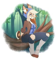  anthro ariyah_(meg) blonde_hair breasts clothed clothing digital_media_(artwork) felid feline female forest geekidog hair hat headgear headwear hi_res lynx mammal pink_nose plant solo tree 