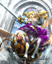  adachi_yousuke arch armor armored_boots barding bare_shoulders bee blonde_hair boots breastplate bug cardfight!!_vanguard commentary_request company_name drill_hair earrings fairy_wings faulds feathers female gauntlets gloves hair_ornament jewel_knight_noble_stinger jewelry lance long_hair official_art open_mouth pointy_ears polearm purple_eyes riding shield sky solo teeth tiara twintails weapon wings 