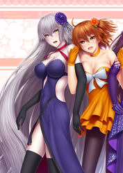  3girls ahoge argyle_cutout artist_name black_gloves black_pantyhose black_thighhighs breasts chaldea_logo choker cleavage clothing_cutout collarbone commentary_request covered_navel dress elbow_gloves fate/grand_order fate_(series) floating_hair flower fujimaru_ritsuka_(female) fujimaru_ritsuka_(female)_(starlight_fest) gloves grey_hair hair_between_eyes hair_flower hair_ornament heart highres jeanne_d&#039;arc_alter_(avenger)_(fate) jeanne_d&#039;arc_alter_(fate) lace large_breasts layered_dress long_hair masatoki multiple_girls official_alternate_costume orange_choker orange_dress orange_flower orange_hair pantyhose photoshop_(medium) purple_dress purple_flower purple_gloves purple_hair scathach_(fate) scathach_(formal_dress)_(fate) short_dress short_hair sleeveless sleeveless_dress standing strapless strapless_dress thighhighs very_long_hair yellow_eyes 