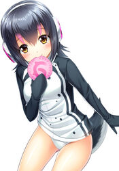  black_hair blush commentary_request female food headphones holding humboldt_penguin_(kemono_friends) jacket japari_bun kemono_friends looking_at_viewer mouth_hold multicolored_hair noshimasa panties pantyshot photoshop_(medium) short_hair simple_background smile solo tail two-tone_hair underwear white_background white_panties yellow_eyes 