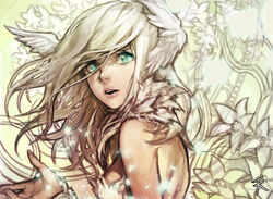  back bare_shoulders blonde_hair breasts commentary_request ddongu feathered_wings feathers female flower from_behind green_eyes head_wings long_hair looking_back medium_breasts mini_wings open_mouth original photoshop_(medium) solo wings 