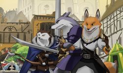  2017 5:3 anthro armello arrow_(weapon) bow_(weapon) canid canine canis clothed clothing female fox fur group league_of_geeks male mammal melee_weapon orange_body orange_fur outside purpleground02 ranged_weapon river_(armello) scarlet_(armello) sword thane_(armello) weapon wolf yellow_eyes yellow_sclera 