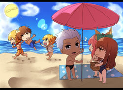  3boys 3girls aoten_(aoiroarekore) archer_(black_swimmer)_(fate) bad_id bad_pixiv_id beach bikini blonde_hair brown_eyes brown_hair chibi closed_eyes dark_skin day fate/extra fate/extra_ccc fate_(series) gilgamesh_(excited_swimmer)_(fate) gilgamesh_(fate) green_eyes grey_eyes grey_hair kishinami_hakuno_(female) kishinami_hakuno_(male) long_hair male_swimwear multiple_boys multiple_girls nero_claudius_(fate) nero_claudius_(fate/extra) nero_claudius_(red_lightning)_(fate) official_alternate_costume pink_hair short_hair sun sunglasses swim_briefs swim_trunks swimsuit tamamo_(fate) tamamo_no_mae_(fate/extra) tamamo_no_mae_(sexy_bikini)_(fate) umbrella white_hair 