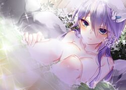  anemone_(flower_knight_girl) bad_id bad_pixiv_id blue_eyes breasts closed_mouth female flower flower_knight_girl hair_ornament hairclip knees_to_chest large_breasts long_hair looking_at_viewer nude onsen partially_submerged purple_hair rabbit_hair_ornament rock signature smile solo towel towel_on_head uehara_(higanbachi) water 