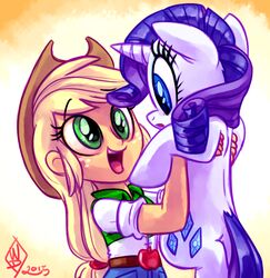  2015 applejack_(eg) blonde_hair blue_eyes clothed clothing cowboy_hat cutie_mark duo equestria_girls equid equine eyeshadow female feral freckles friendship_is_magic green_eyes hair hasbro hat headgear headwear horn human long_hair makeup mammal my_little_pony mythological_creature mythological_equine mythology open_mouth orange_body orange_skin pink_tongue purple_hair rarity_(mlp) shirt signature simple_background tongue topwear unicorn white_body whitediamonds 