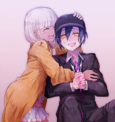  1boy blood blue_hair blush_stickers closed_eyes commentary_request danganronpa_(series) danganronpa_v3:_killing_harmony dark_skin dress drooling eyes_visible_through_hair female formal gradient_background hat highres holding holding_knife knife necktie open_mouth pink_blood saihara_shuichi short_hair smile spoilers suit sumimoto_ryuu sweat twintails white_hair yellow_eyes yonaga_angie 