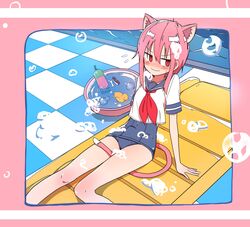  animal_ears arm_support between_legs blush bural_chingu cat_ears cat_tail commentary female highres inflatable_raft korean_commentary lee_ji-eun looking_to_the_side luke_(dydansgur) nose_blush outside_border pink_background pink_hair red_eyes rubber_duck school_swimsuit school_uniform shampoo short_hair short_hair_with_long_locks sidelocks sitting soap_bubbles solo swimsuit swimsuit_under_clothes tail tail_between_legs washtub wavy_mouth 