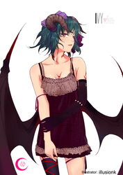  aqua_hair arm_grab asymmetrical_clothes bad_id bad_pixiv_id bow commentary_request demon_wings elbow_gloves female gloves hairbow highres horns illusionk multicolored_eyes original parted_lips red_eyes ribbon short_hair single_elbow_glove single_glove single_thighhigh smile solo tattoo thighhighs wings yellow_eyes 