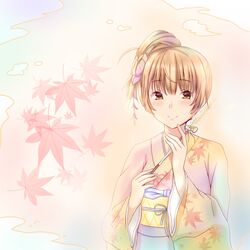  absurdres arrow_(projectile) bad_id bad_pixiv_id brown_eyes brown_hair closed_mouth female flower hair_flower hair_ornament hamaya highres holding inari_konkon_koi_iroha. japanese_clothes kimono leaf leaf_background leaf_print looking_at_viewer maple_leaf maple_leaf_print minakami_tansan obi sash smile solo sumizome_akemi 