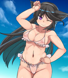  animal_ears bikini black_hair breasts cat_ears cloud commentary_request covered_nipples day fake_animal_ears female hairband kawacchi_hirohiro large_breasts long_hair navel one_eye_closed original paw_pose plump purple_eyes see-through sky smile solo swimsuit 