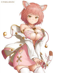  :t animal_ears armlet bad_id bad_pixiv_id bare_shoulders bell breasts brown_eyes buttons cat_ears cleavage cleavage_cutout clothing_cutout commentary_request cowboy_shot female hood hoodie large_breasts looking_at_viewer off_shoulder original photoshop_(medium) pink_hair pink_skirt ribbon short_hair simple_background skirt solo ss39 standing tail thighhighs watermark white_background white_thighhighs zettai_ryouiki 